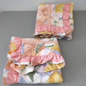 2 Pillowcase Sham QUEEN Pink Peach Floral Quilted‎ Ruffle Decor Grannycore Retro